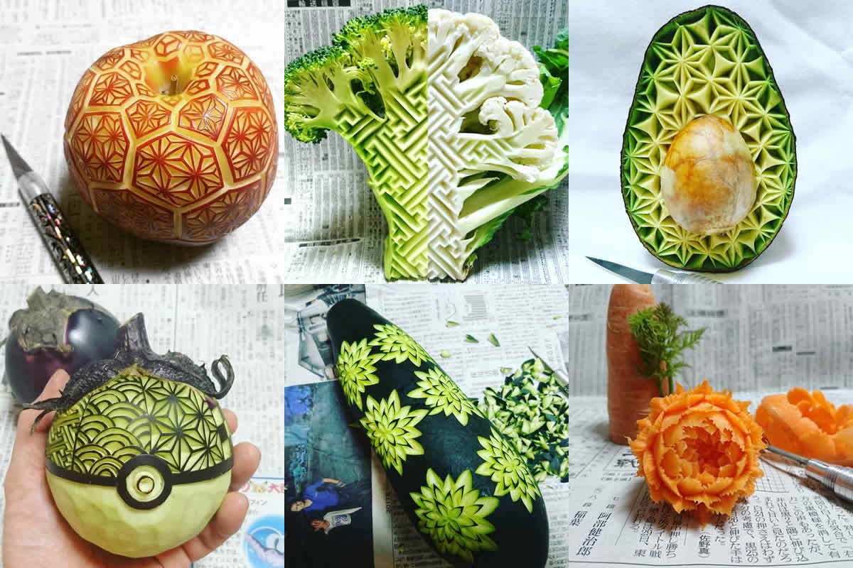 Gaku Carving, a food carving artist, changes vegetables and fruits into