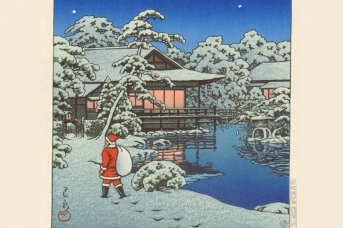 Unique ukiyoe of Santa Claus walking in the Japanese garden with
