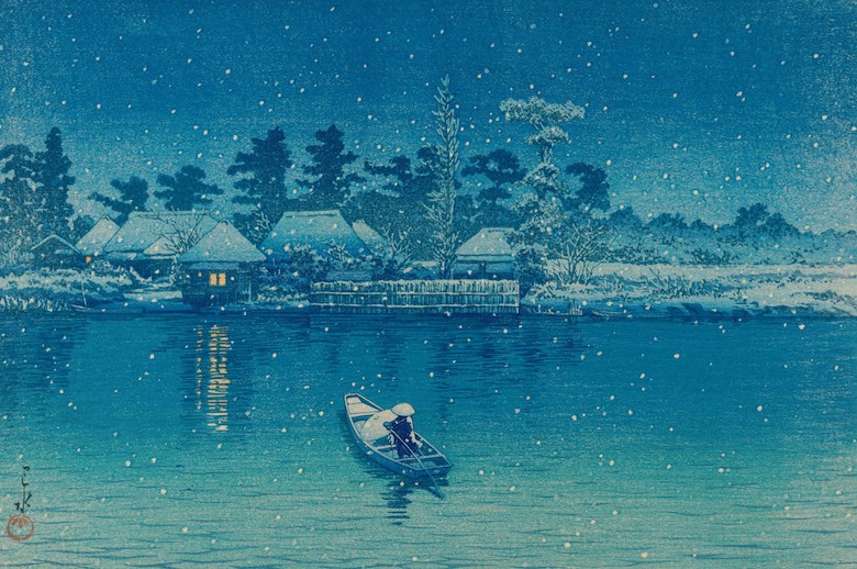 Unique ukiyoe of Santa Claus walking in the Japanese garden with