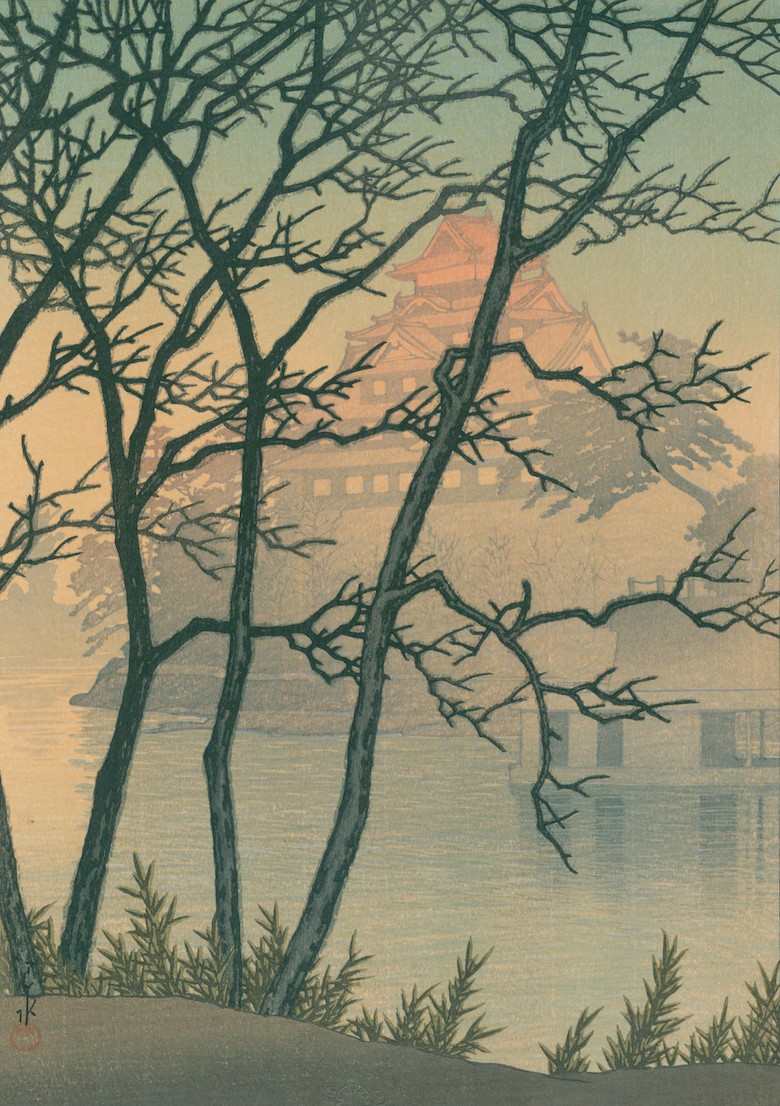 Unique ukiyoe of Santa Claus walking in the Japanese garden with